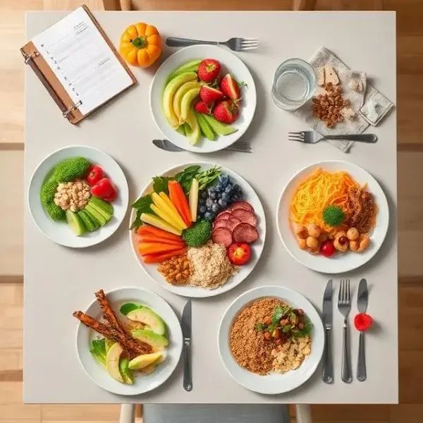 Schema van een gebalanceerd dagelijks eetritme met ontbijt, lunch en diner